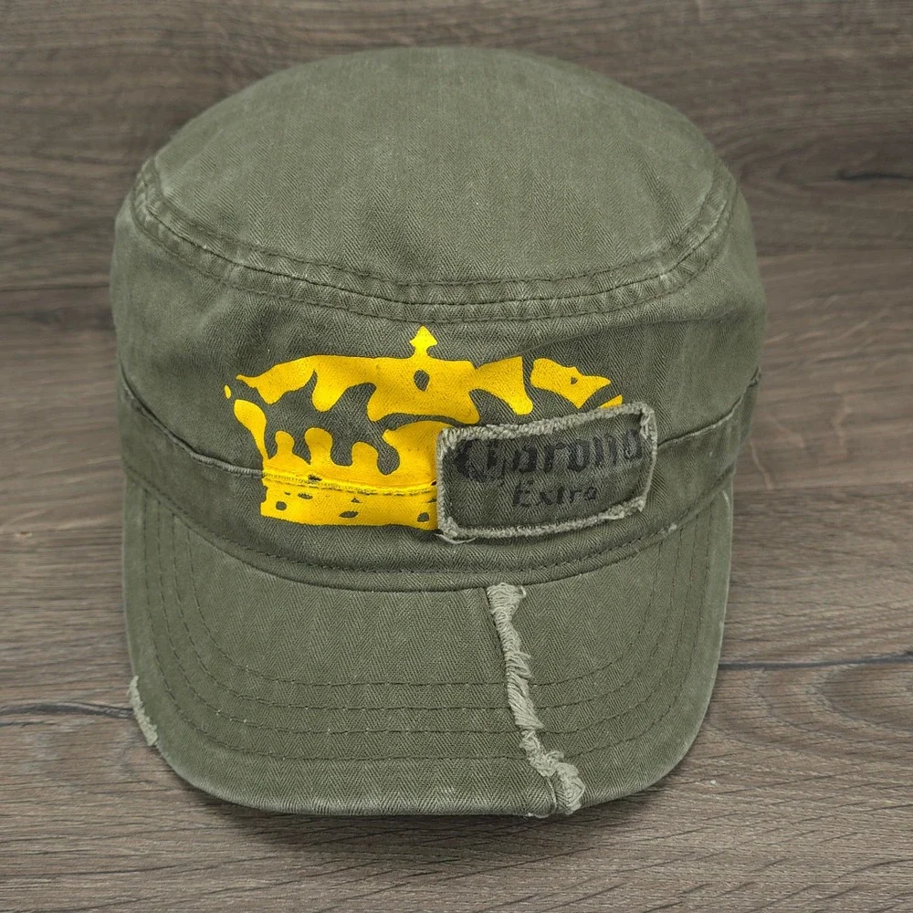 Corona Hat Cap Fitted Green Mens Extra Beer Logo Military Cadet Style Distressed